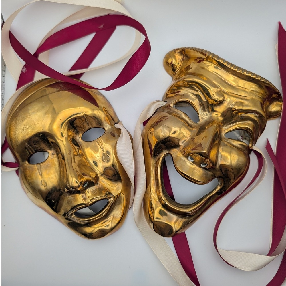 Brass Comedy Tragedy Theater Masks Wall Decor Made in India Set of 2 VTG